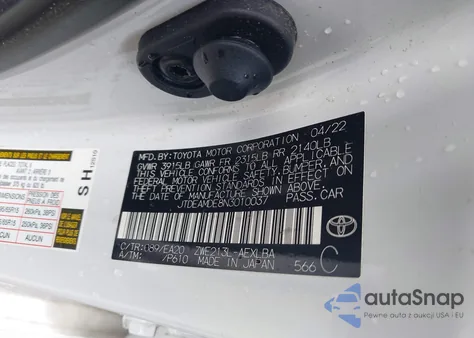 2022 Toyota Corolla Hybrid Le из США, поврежденный, VIN JTDEAMDE8N3010037